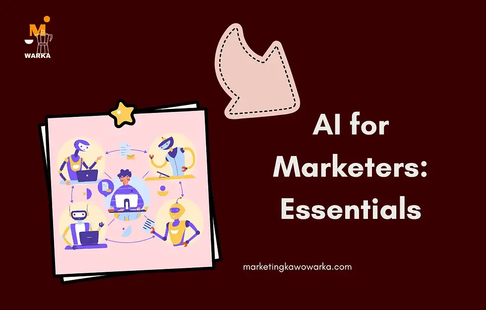 Robots and a person interact on a light pink background. Text reads "AI for Marketers: Essentials" with a website link. Dark red backdrop.