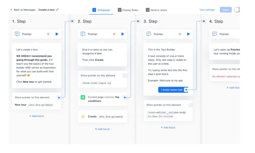 Four-step guide interface with text boxes, arrows, and buttons. Blue and white design. Text includes instructions and example code snippets.
