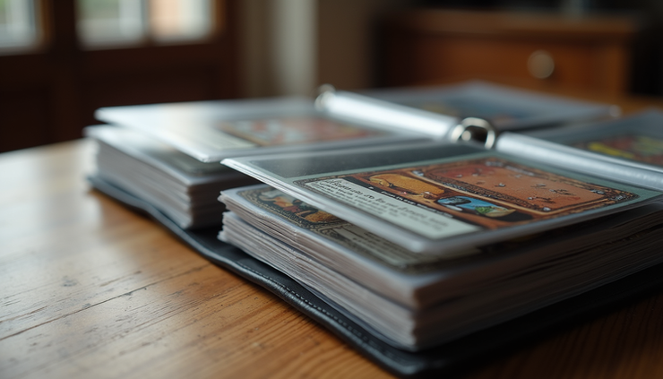 Close-up view of trading cards neatly arranged in a top loader binder