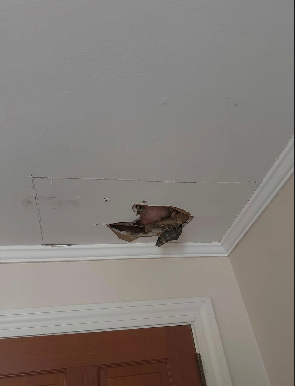 Damaged drywall ceiling with water stain and hole