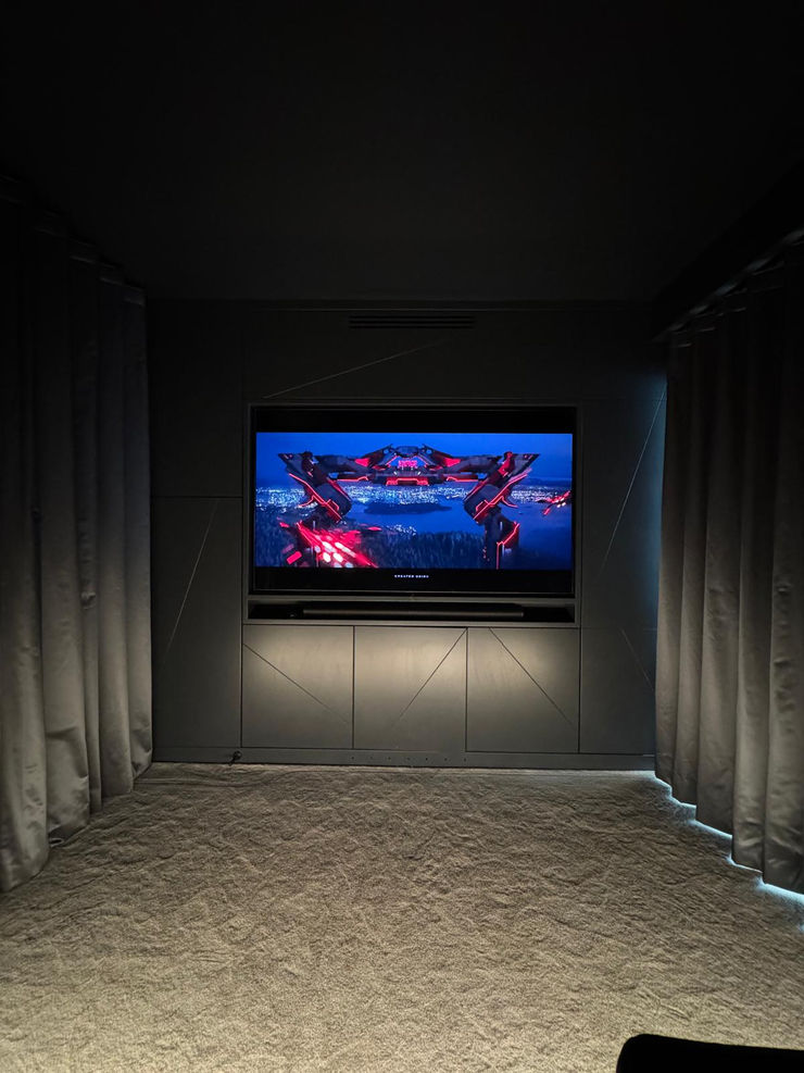 Luxury home cinema screen and speakers.