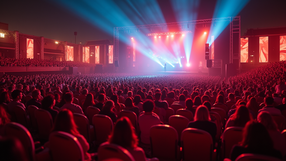 High angle view of a VIP festival area with elegant seating and stage in the background