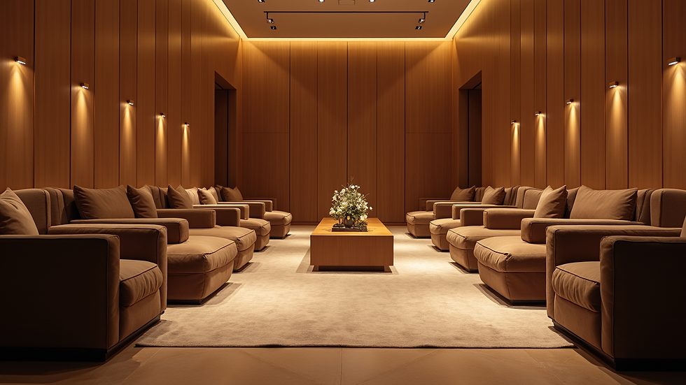 Eye-level view of a luxurious VIP lounge with comfortable seating and ambient lighting