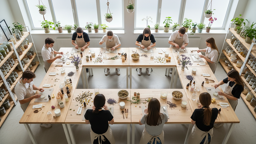 Vue en plongée d’un atelier DIY avec des participants créant des bougies artisanales