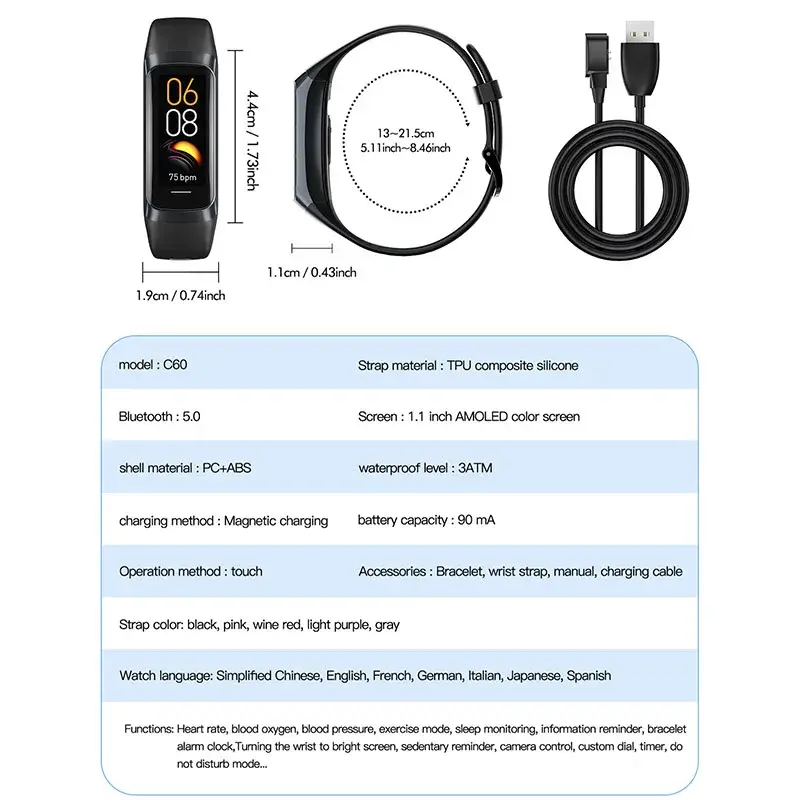Thumbnail: Men Women Pedometer Sport Fitness Tracker Amoled Smart Band Pro Heart Rate Blood