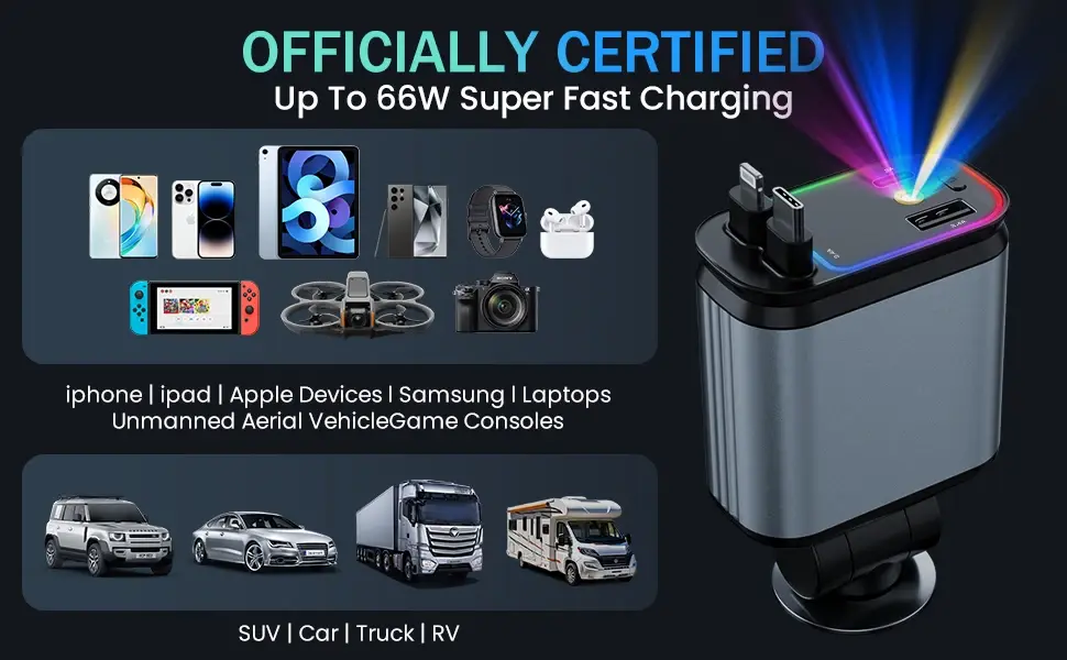 Thumbnail: Retractable Car Charger with Starlight Type-C 120W Car Charger Adapter 4 in 1 Ca