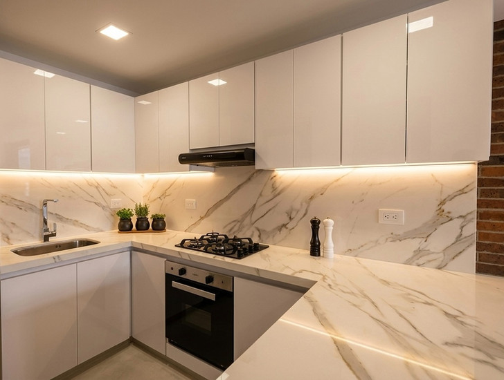 Cocina con luz cálida, equipo de gran calidad