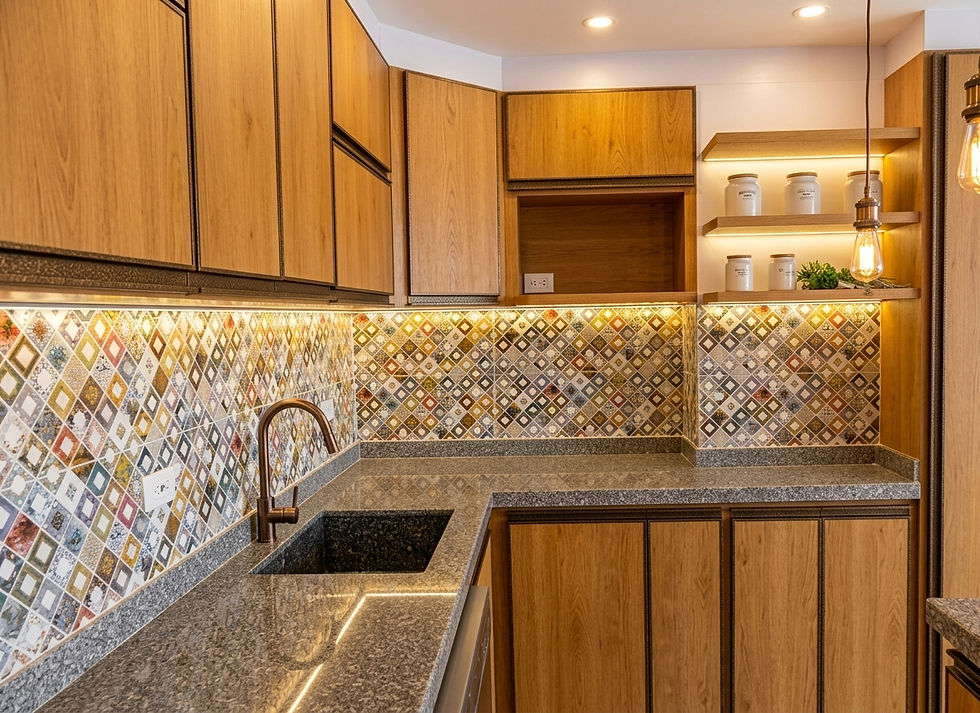 Cocina moderna con gabinetes de madera y salpicadero de mosaico.