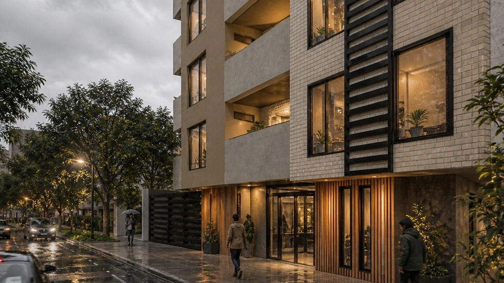 Fachada moderna de apartamentos en Torres de Macadamia.