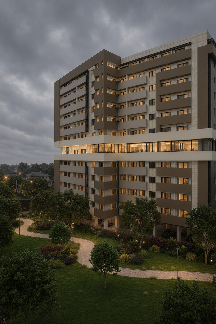 Edificio de apartamentos en Torres de Macadamia al atardecer