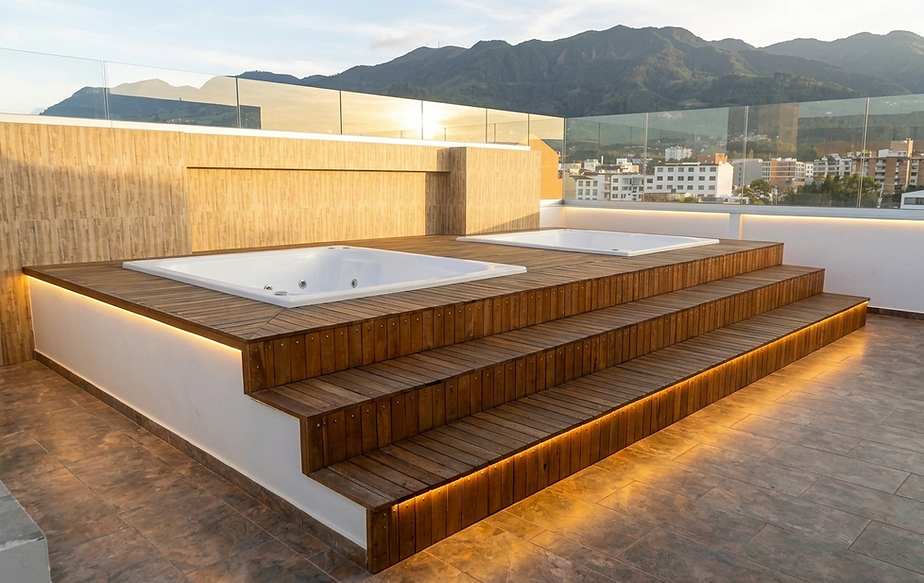 Jacuzzis en azotea de Torres de Villa Laura con vista a montañas.