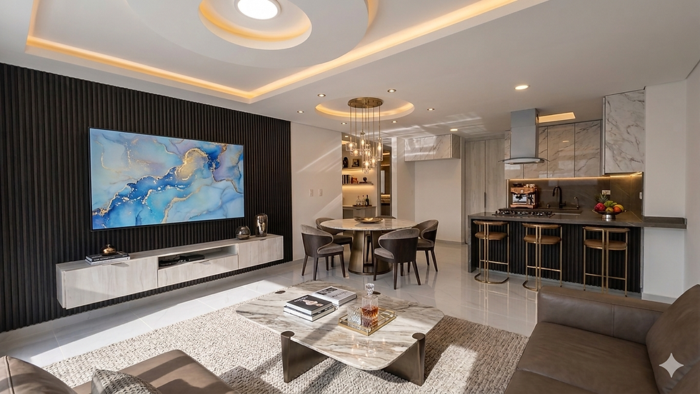Sala moderna abierta con TV de arte abstracto azul, comedor y cocina marmolada; luz cálida y muebles en tonos neutros.