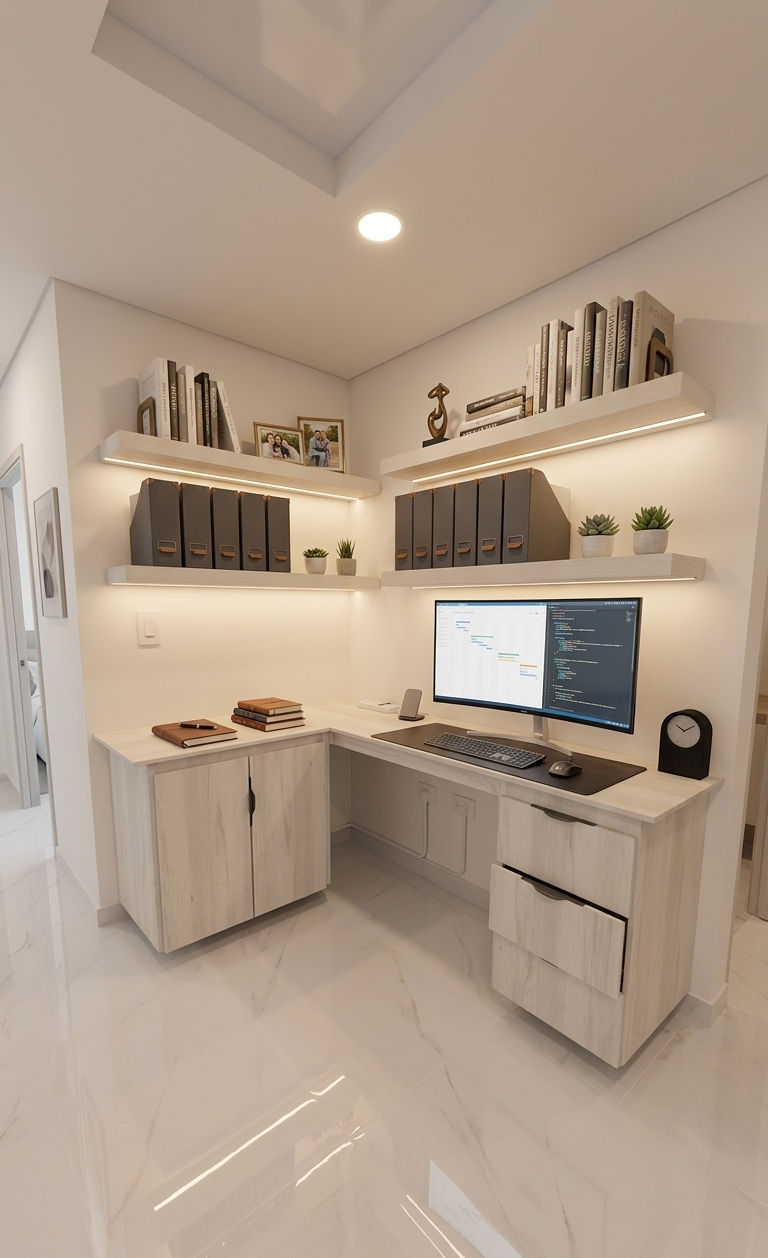 Oficina moderna en tonos beige con escritorio en L, monitor con código, estantes, carpetas, plantas y fotos enmarcadas. *Imagen de referencia