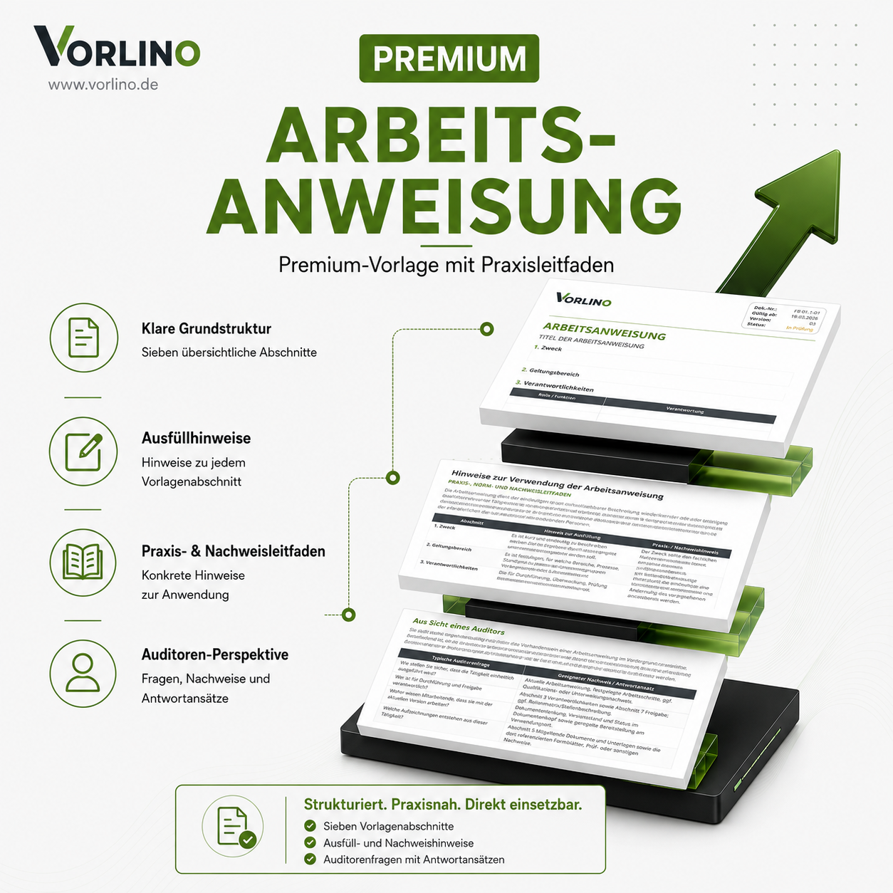 ISO 9001 Arbeitsanweisung Vorlage Vorlino – strukturiertes Word-Dokument mit Durchführungs- und Freigabe-Tabellen