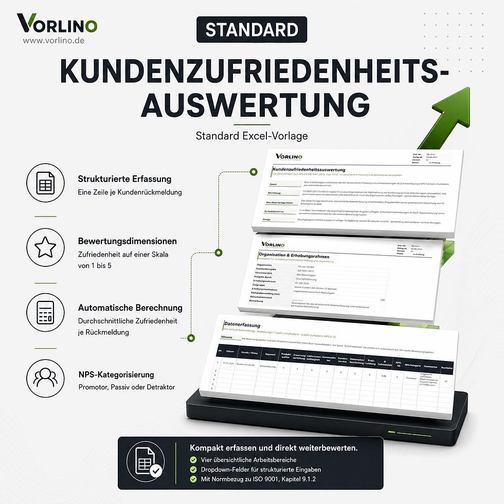 Vorlino Kundenzufriedenheitsauswertung Standard – ISO 9001 Excel-Vorlage zur Datenerfassung