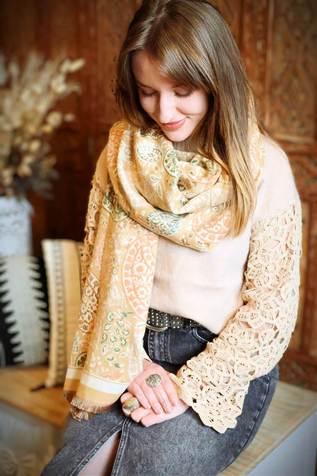 Écharpe Cachemire Beige et Ocre