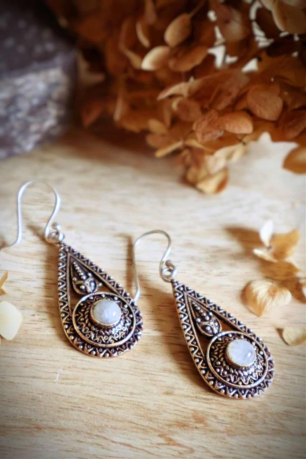 Boucles d'oreilles Pendantes Ethniques Argent Pierre de Lune