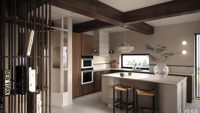 Dom w stylu Japandi. Kuchnia z drewnianymi frontami. Jasna i z naturalnym drewnem.