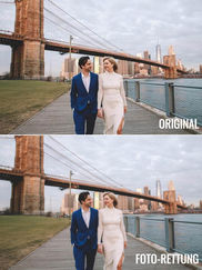 Vorher-Nachher-Vergleich eines Paares vor der Brooklyn Bridge. Oben: Original mit geringerer Auflösung. Unten: Bearbeitetes Foto mit 4-facher Auflösungsverbesserung, optimierten Details und präziseren Farben.