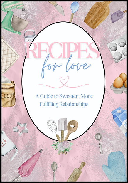 Cover of the 'Recipes for Love' journal. The design features a pink background with baking tools such as a whisk, rolling pin