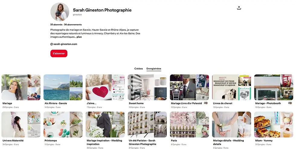Page Pinterest de Sarah Gineston Photographie avec divers tableaux d'épingles, sur le thème du mariage et de la maternité. Style élégant.