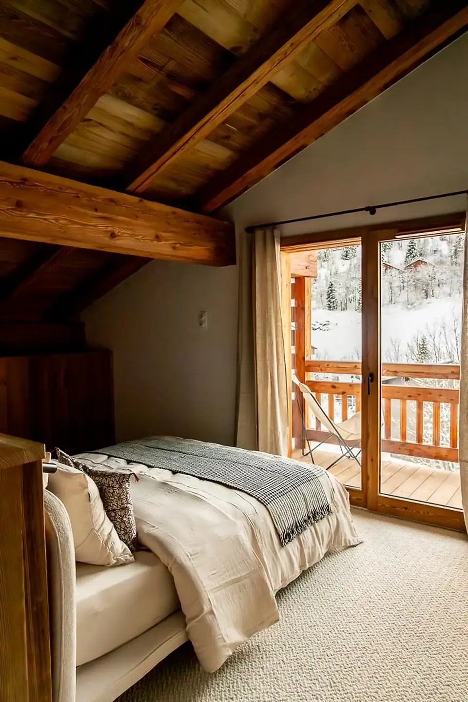 Photographe Aix-les-Bains - intérieur en bois d'une chambre d'un chalet de luxe avec vue sur la montagne enneigée