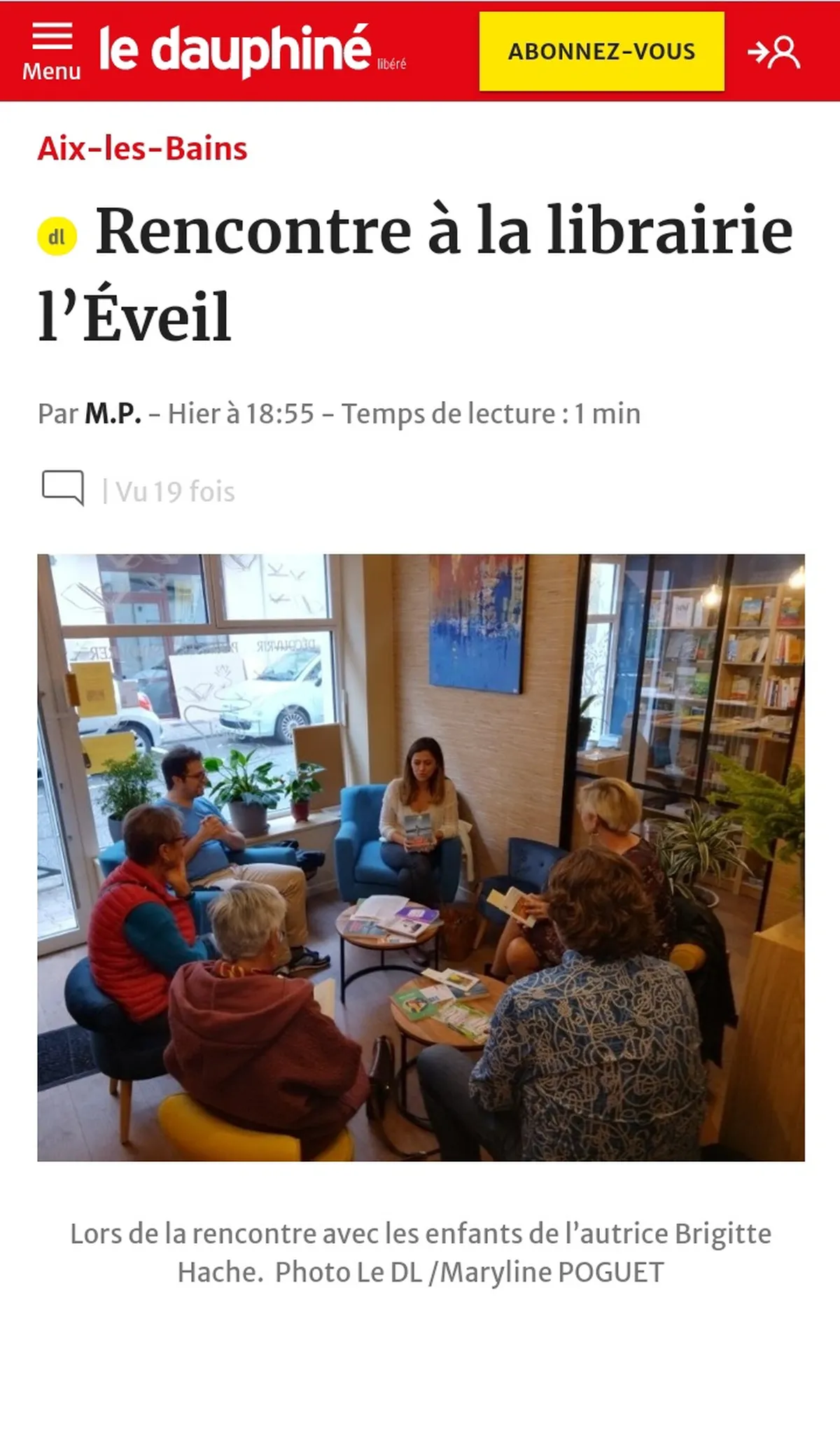 Article de presse sur une rencontre en librairie autour du roman de Brigitte Hache Tout le ciel est nécessaire édité chez Eyrolles