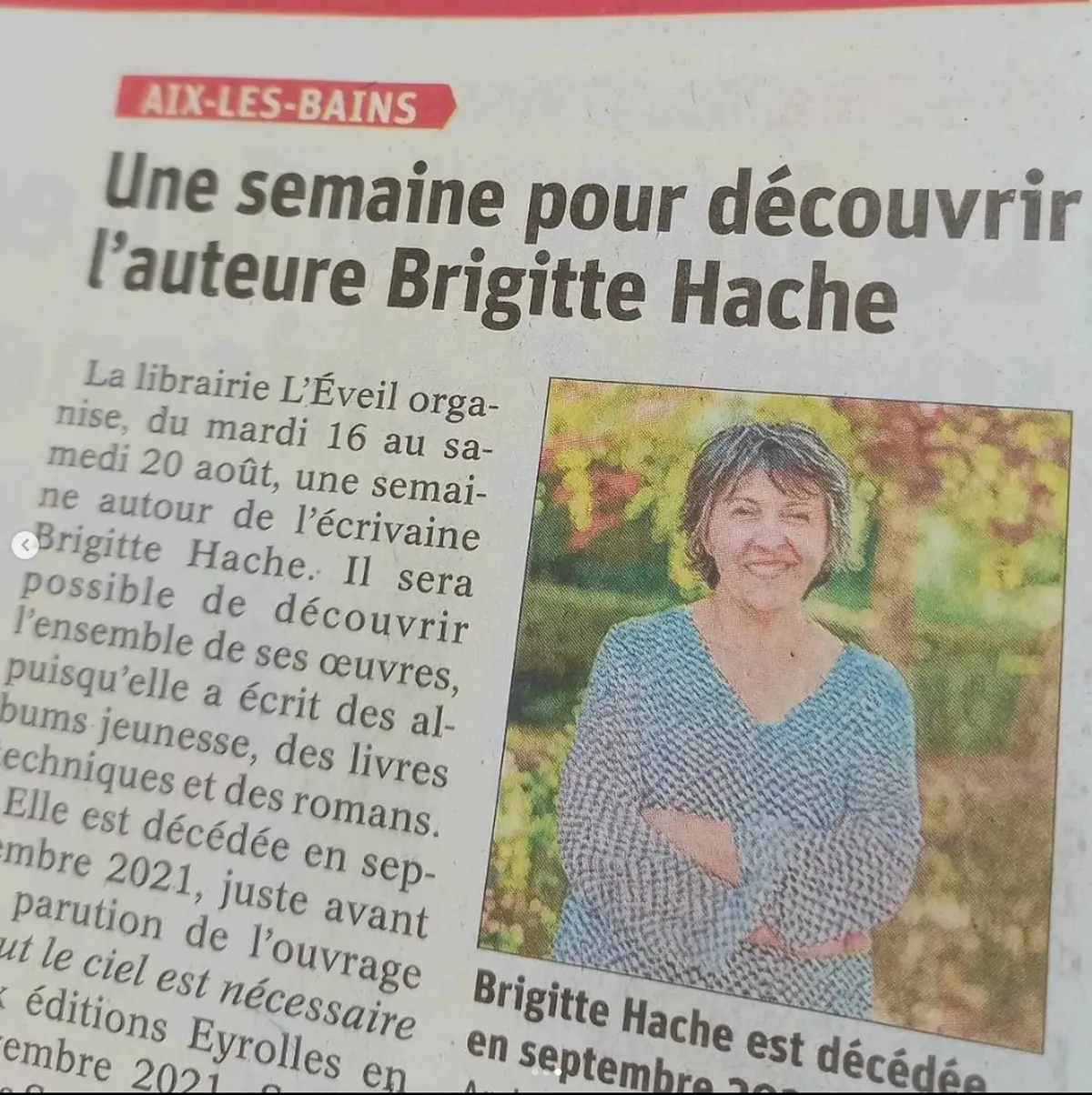 Article de presse titré une semaine pour découvrir l'auteure Brigitte Hache
