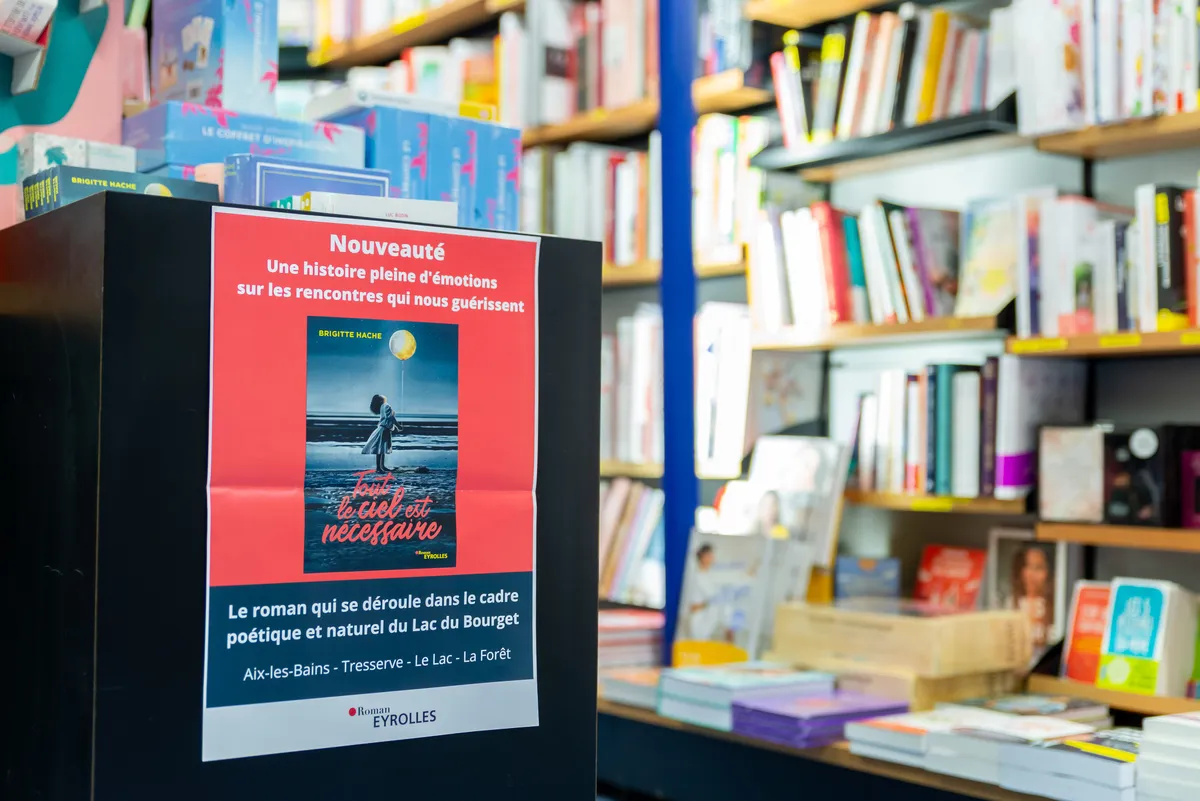 Affiche dans une librairie sur le roman “Tout le ciel est nécessaire” de Brigitte Hache, publié chez Eyrolles
