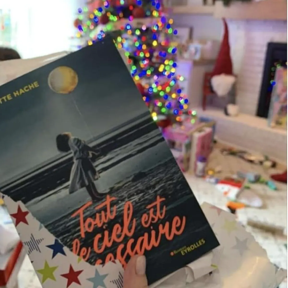 Le roman “Tout le ciel est nécessaire” de Brigitte Hache, publié chez Eyrolles sortant d'un papier cadeau, un sapin de Noël en arrière plan