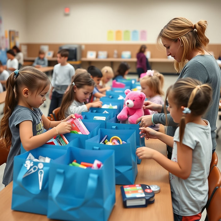 5 year olds putting care packages together for kids in the hospital. Include school suppli