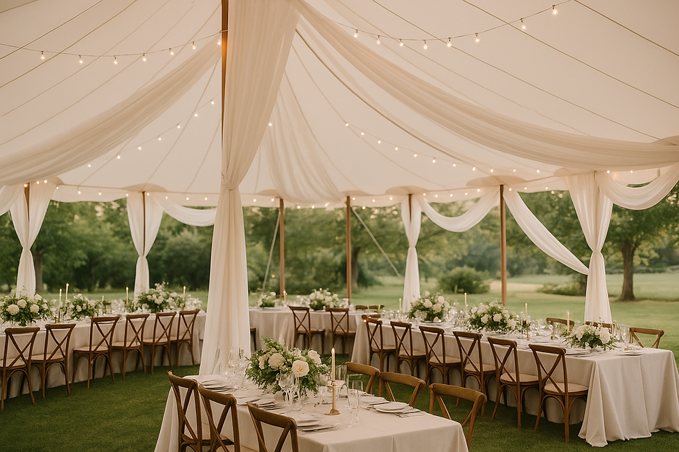 Elegant outdoor wedding reception under a white tent with draped fabric, string lights, and tables with floral centerpieces on a grassy lawn.