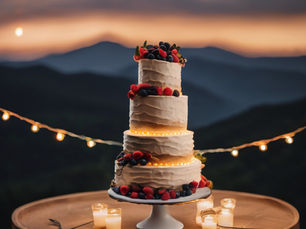 a four tiered wedding cake is adorned with butter cream and highlighted with fruit accents with a stunning backdrop of the blue ridge mountains of virginia
