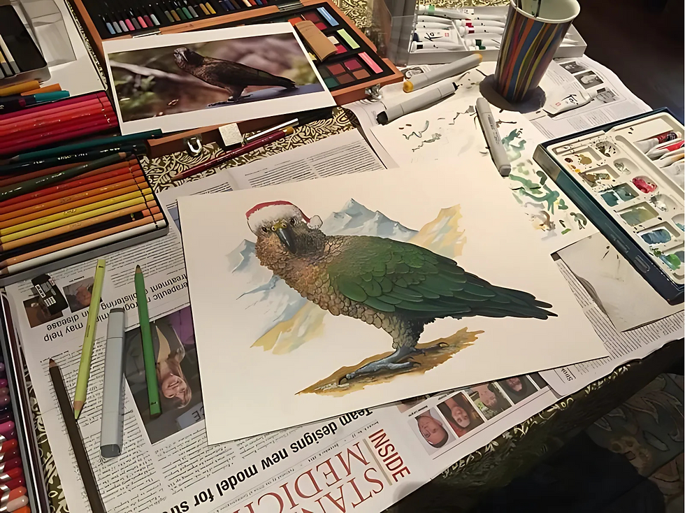 An art display featuring original works by the artist, showcasing a collection of unique, handcrafted pieces arranged in a gallery setting. The artist stands beside the artwork, adding a personal touch to the display, with each piece reflecting distinct styles, colors, and techniques. Ideal for capturing the creative process and the artist’s presence, this setup provides a behind-the-scenes look at the vision and skill behind the art, perfect for exhibitions, art shows, or promotional material highlighting the artist’s original creations.