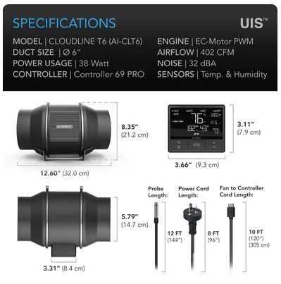 Thumbnail: AC Infinity Cloudline T6, Quiet Inline Duct Fan with VPD Controller 69 Pro 150mm