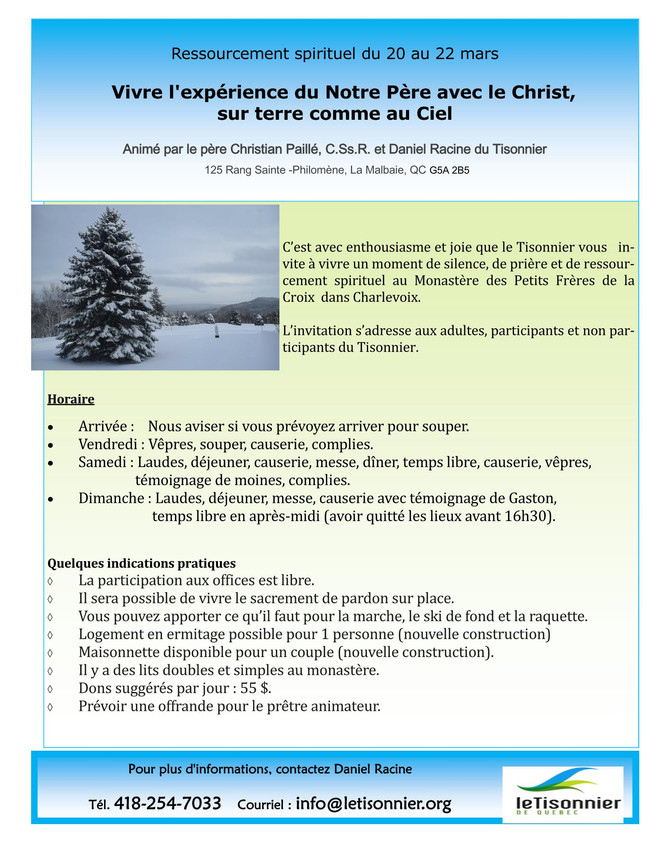Ressourcement spirituel du 20 au 22 mars 2020