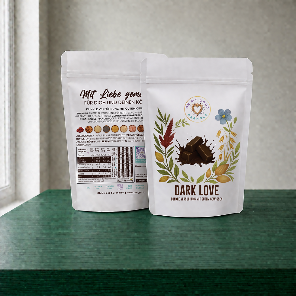 Zuckerfreies Granola Dark Love 200g Verpackung Vorder- und Rückseite OMGG
