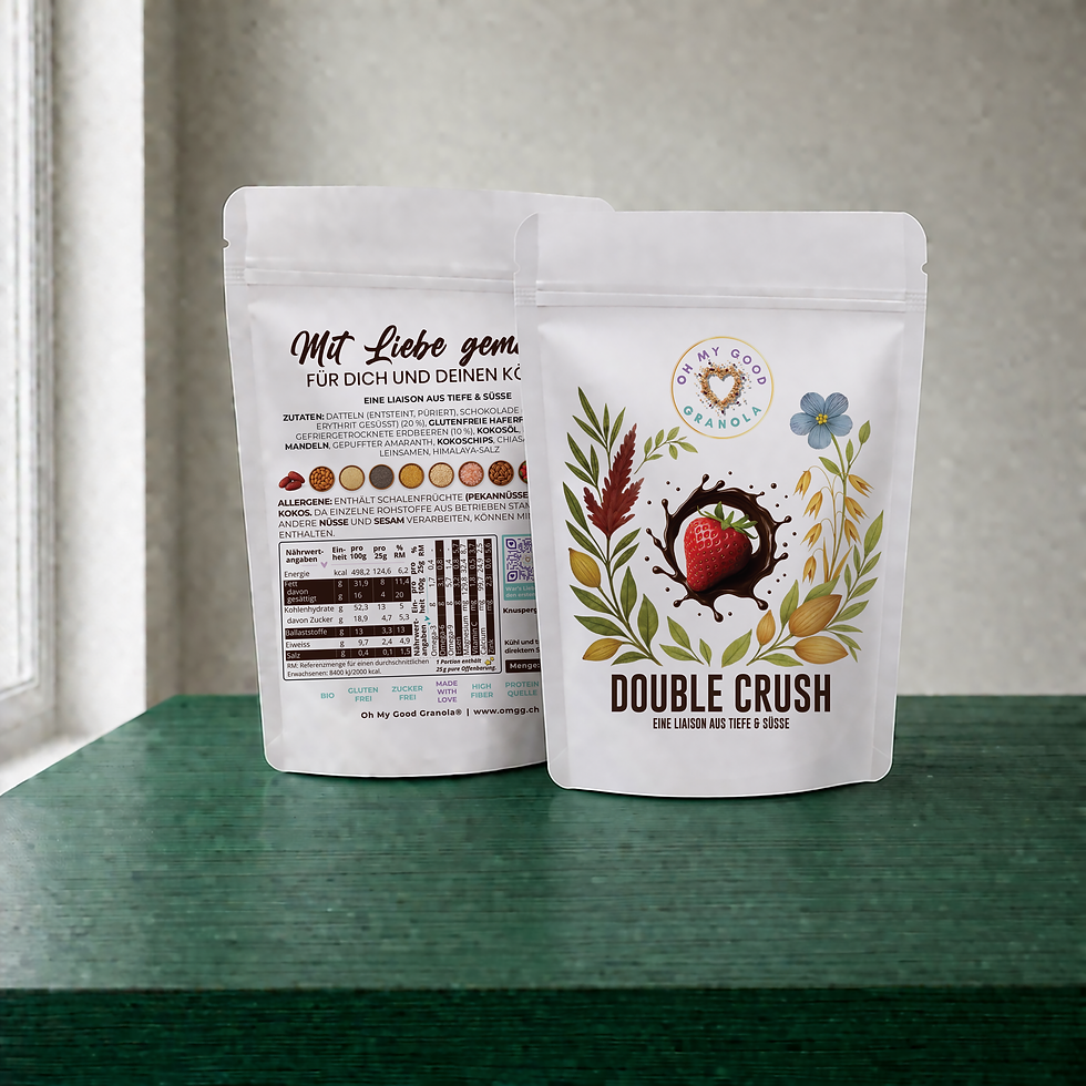 Zuckerfreies Granola Double Crush 200g Verpackung Vorder- und Rückseite OMGG