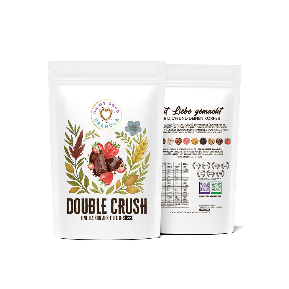 Double Crush Granola – Bio-Granola mit Erdbeeren & dunkler Schokolade, handgemacht in der Schweiz.