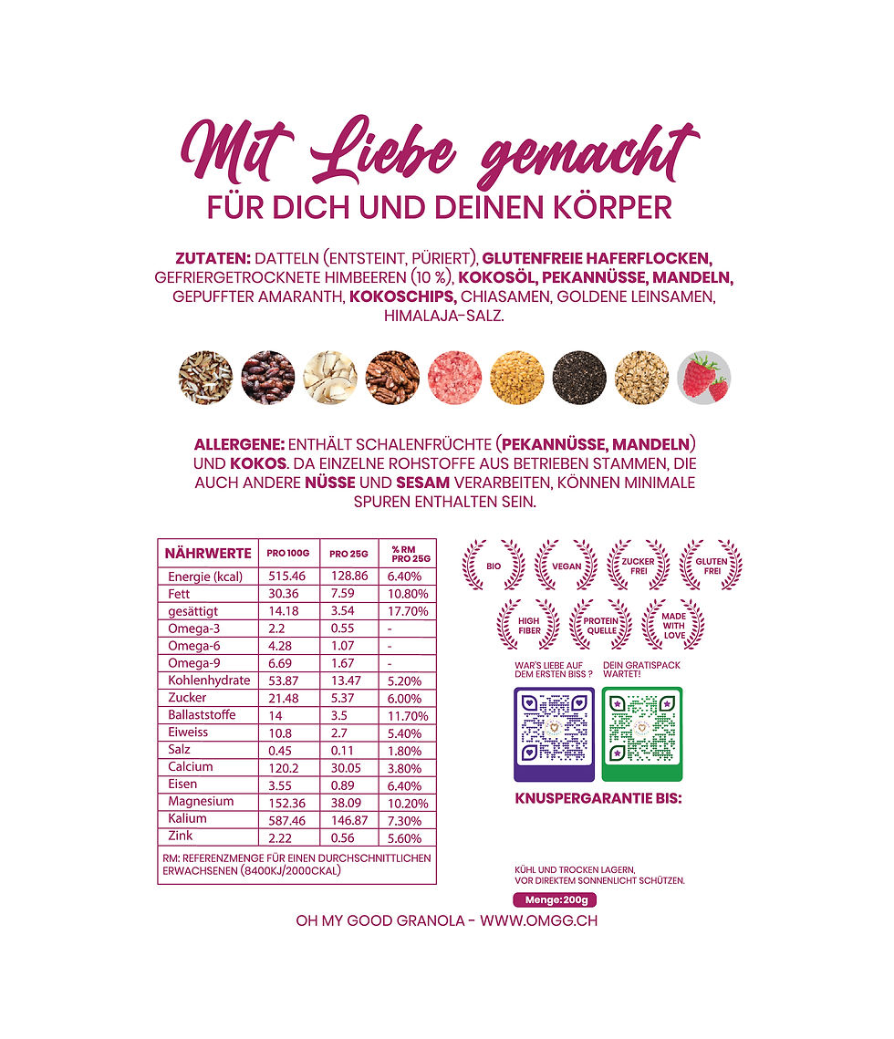 Velvet Berry 200 g – Zutaten & Angaben zum Bio-Granola mit Himbeeren.