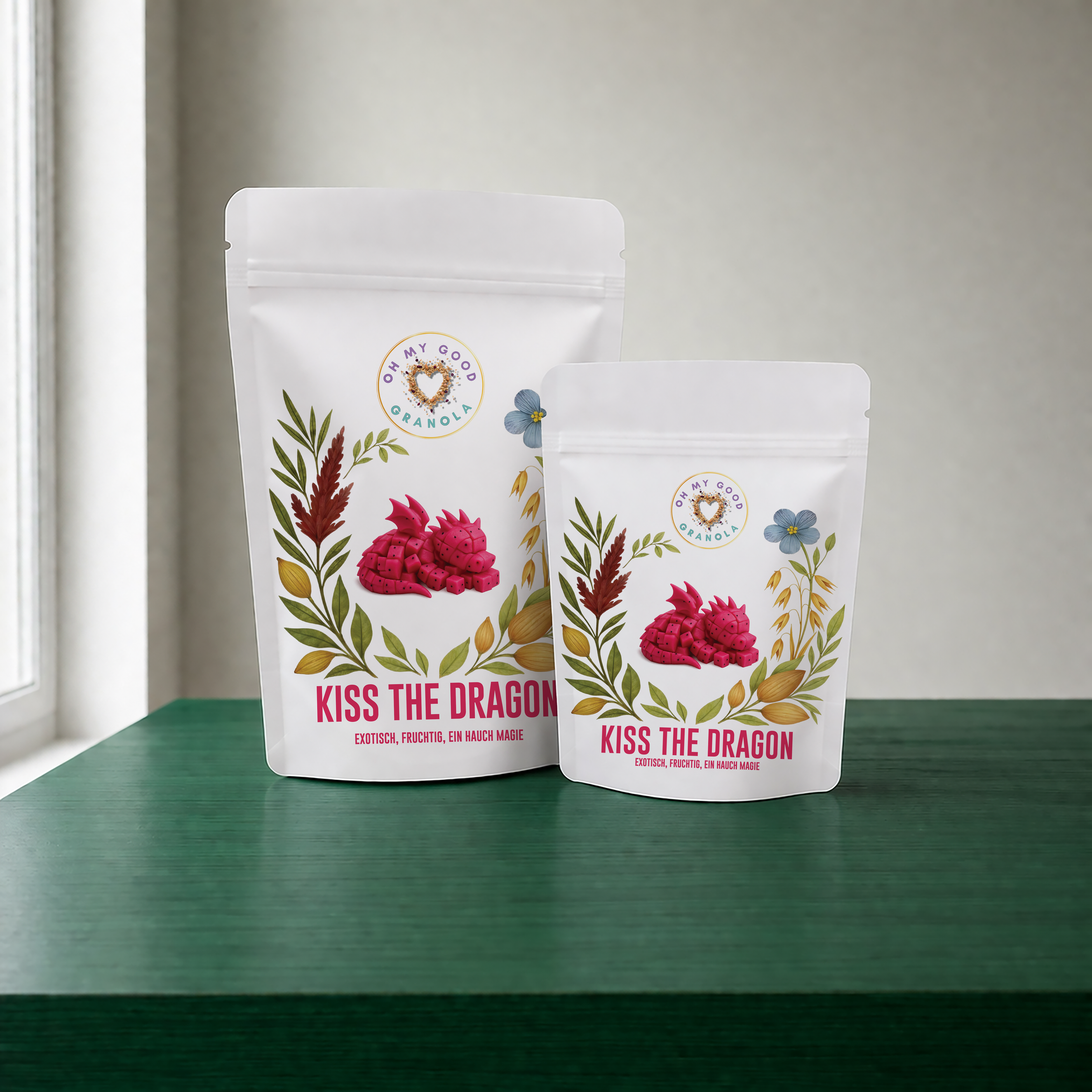 Zuckerfreies Granola Kiss the Dragon 75g und 200g Verpackung Vorderseite OMGG