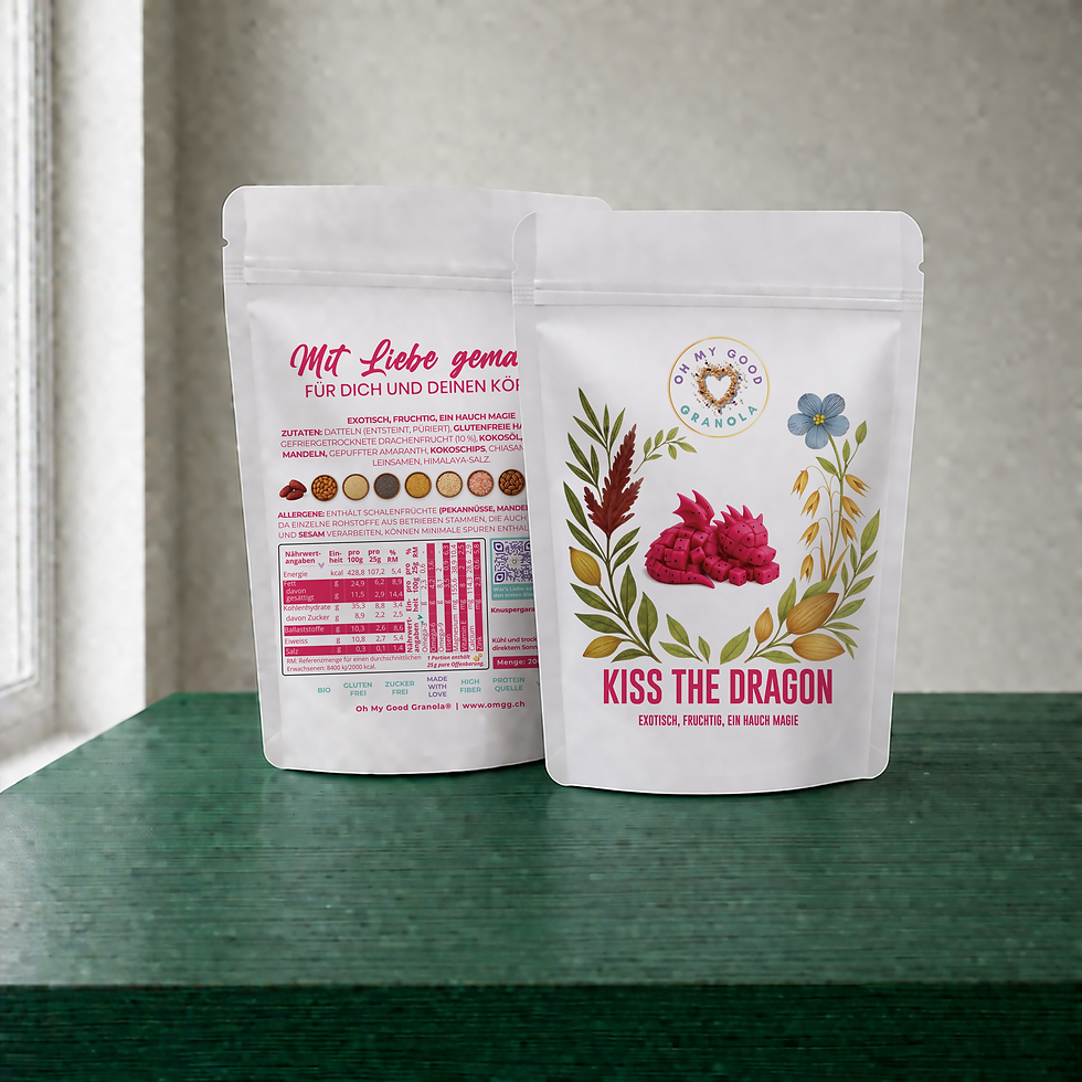 Zuckerfreies Granola Kiss the Dragon 200g Verpackung Vorder- und Rückseite OMGG