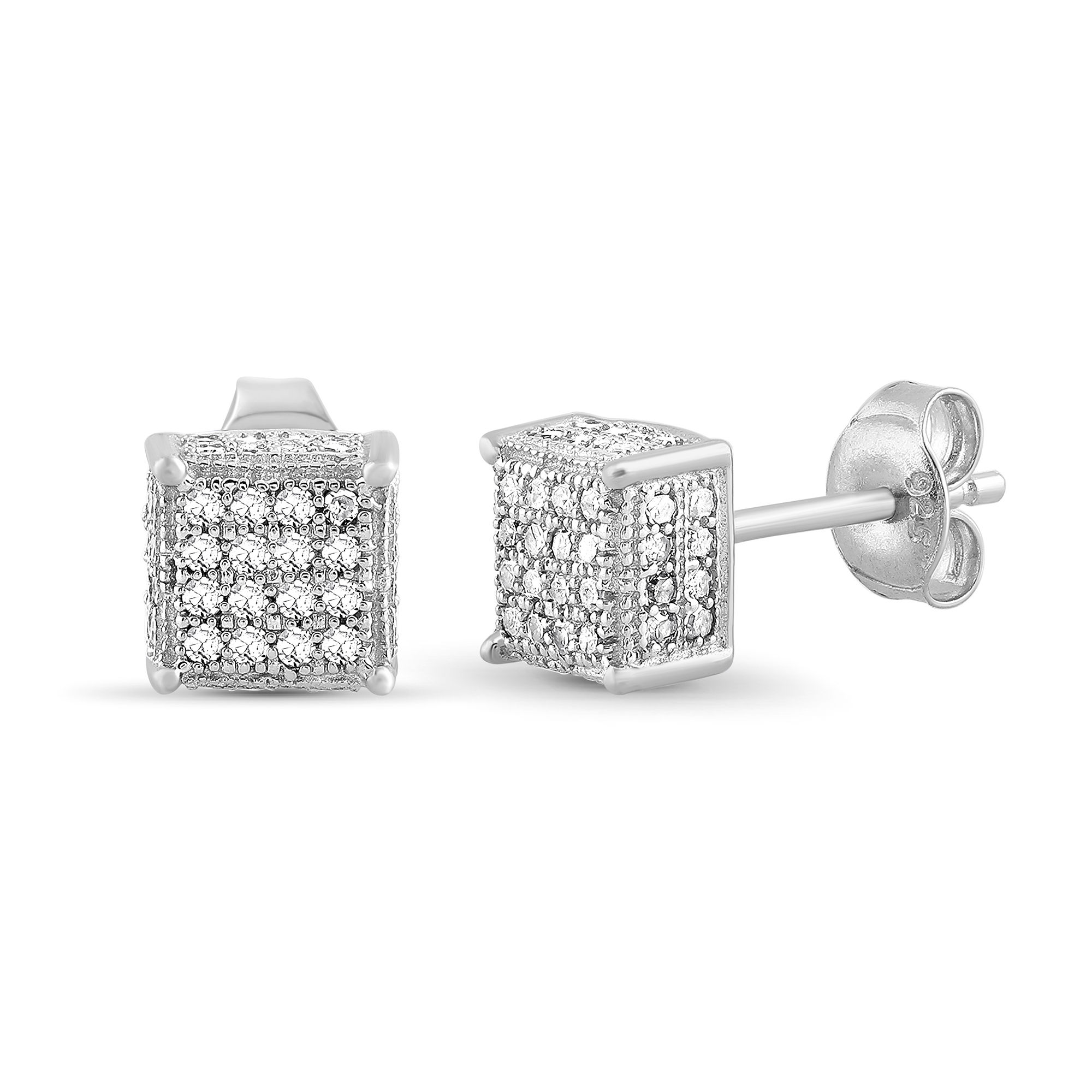 1/2 Carat T.W. White Natural Diamond Sterling Silver Square Milgrain Earrings