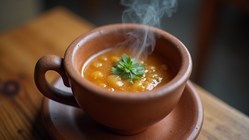 High angle view of traditional Chicha in a clay cup