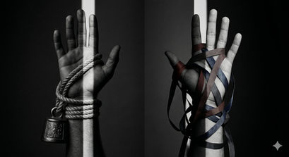 Duas mãos atadas com corda e fitas