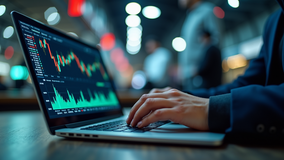 Eye-level view of a person analyzing stock market data on a laptop