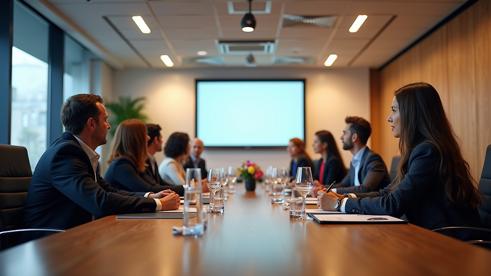 Eye-level view of a modern conference room set up for a business networking event