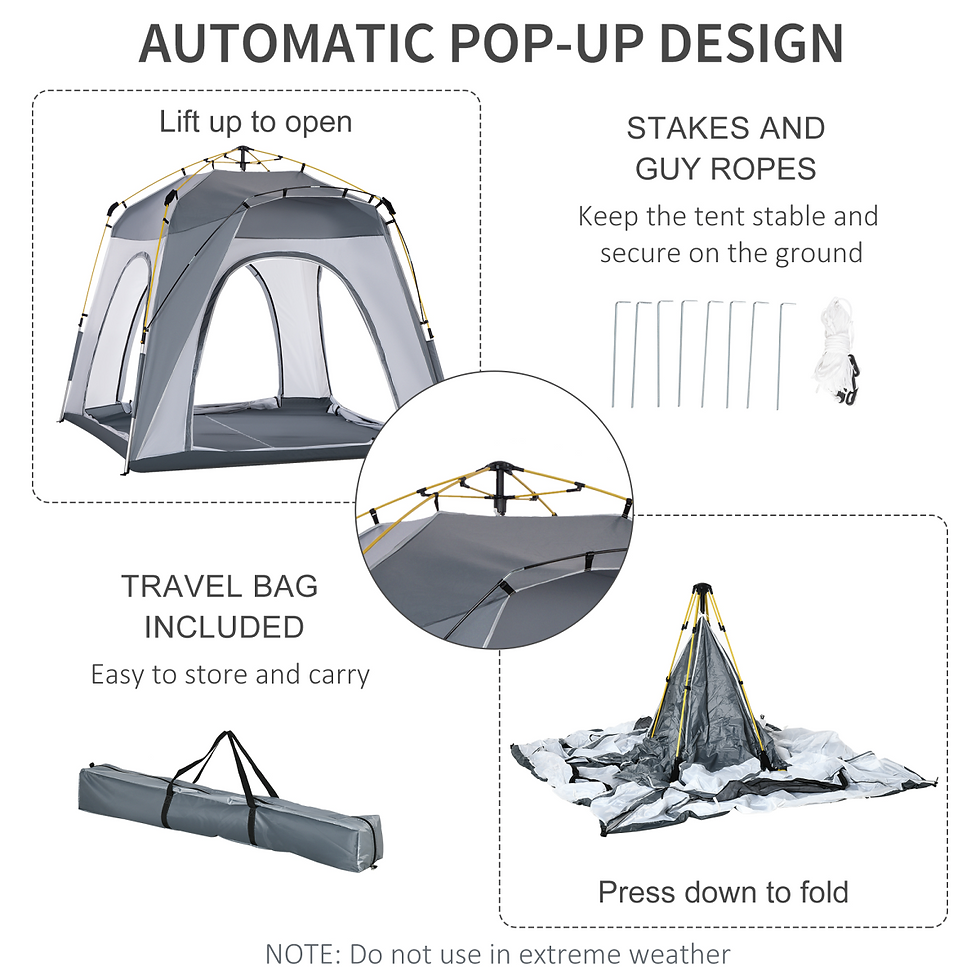 Miniatura: “Automatic pop up camping tent design showing lift-up opening system, press-down folding mechanism, included travel carry bag