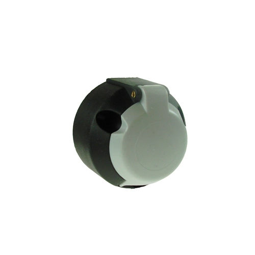 **Alt text:** Black 7-pin trailer electrical socket with a grey hinged protective cover, shown isolated on a white background