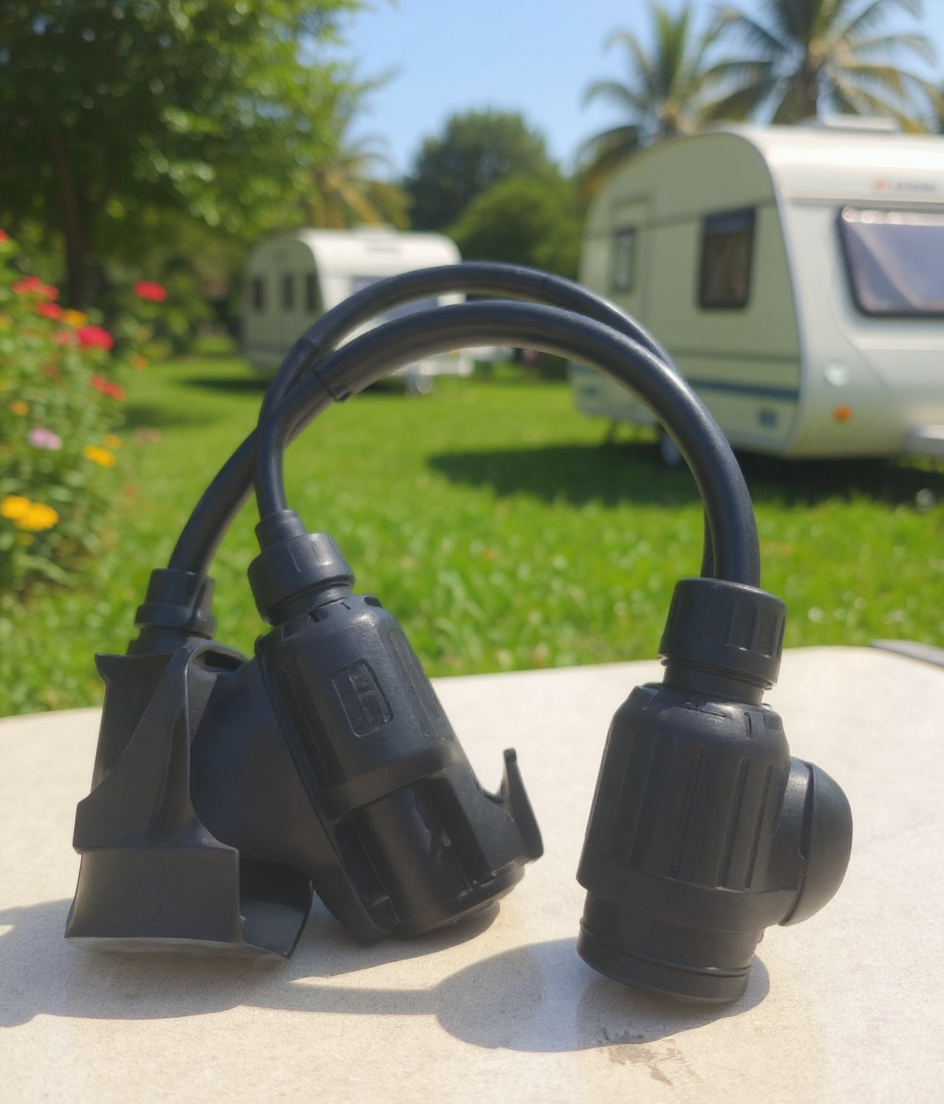 Electrical socket connectors with camping trailer in background. Socket Plate - Single 12N.